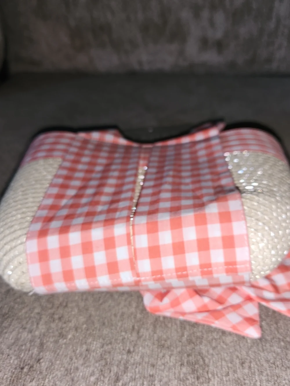 Tahari Coral Gingham Straw Tote
